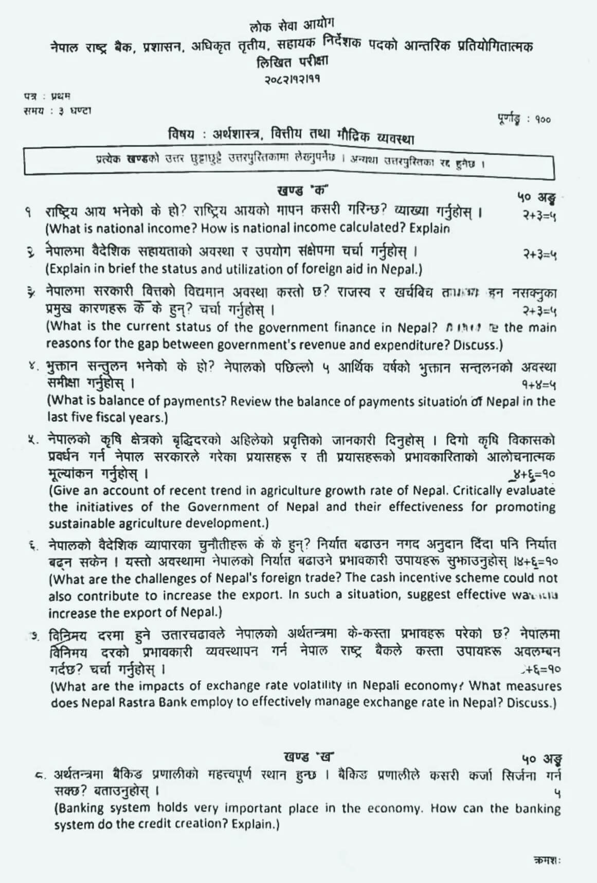 NRB Assistant Director internal exam old question